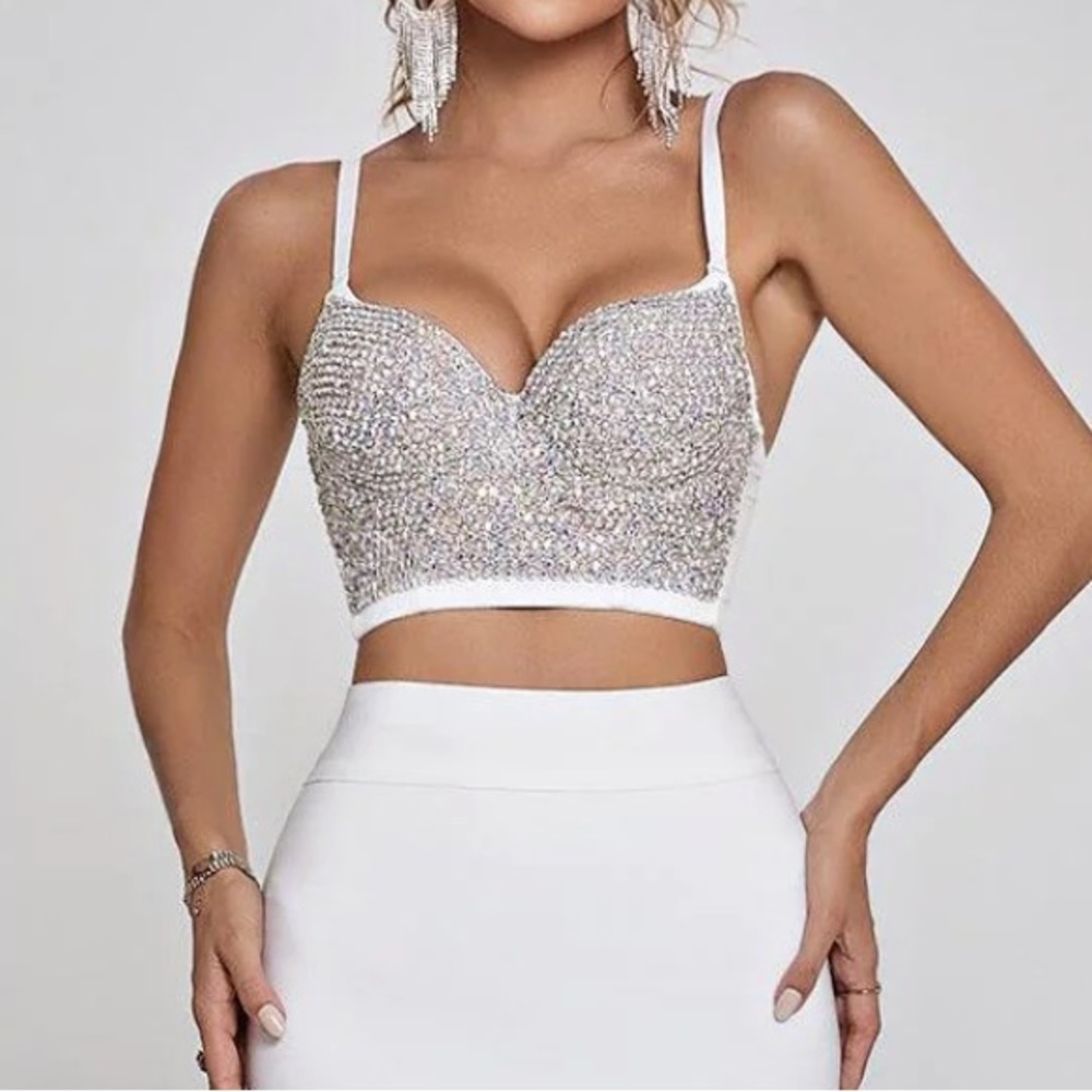 Brianna Crystal Bustier Top In White